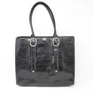 Classic Tote Handbag M Black Faux Smooth Leather Attache Lined Purse Shoulder